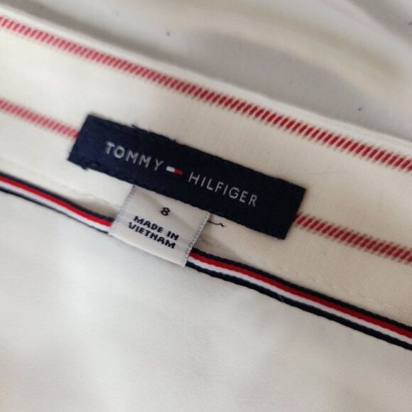 Luxury TOMMY HILFIGER Belted Button Front Red Striped Flare Dress Size 8 - Picture 8 of 9